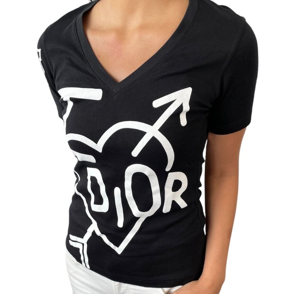 Christian Dior Vintage 2004 Big Logo T-shirts Top #40 Black White [105697]